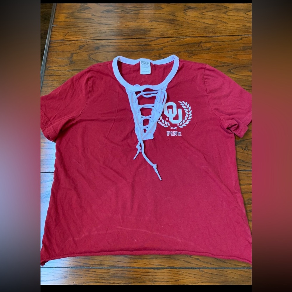 Vs Pink Laceup Tee crop Oklahoma Sooners OU